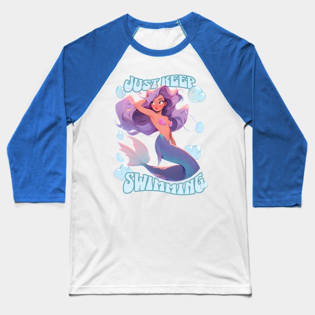 Just keep swimming cute purple hair mermaid Baseball T-Shirt by snipcute